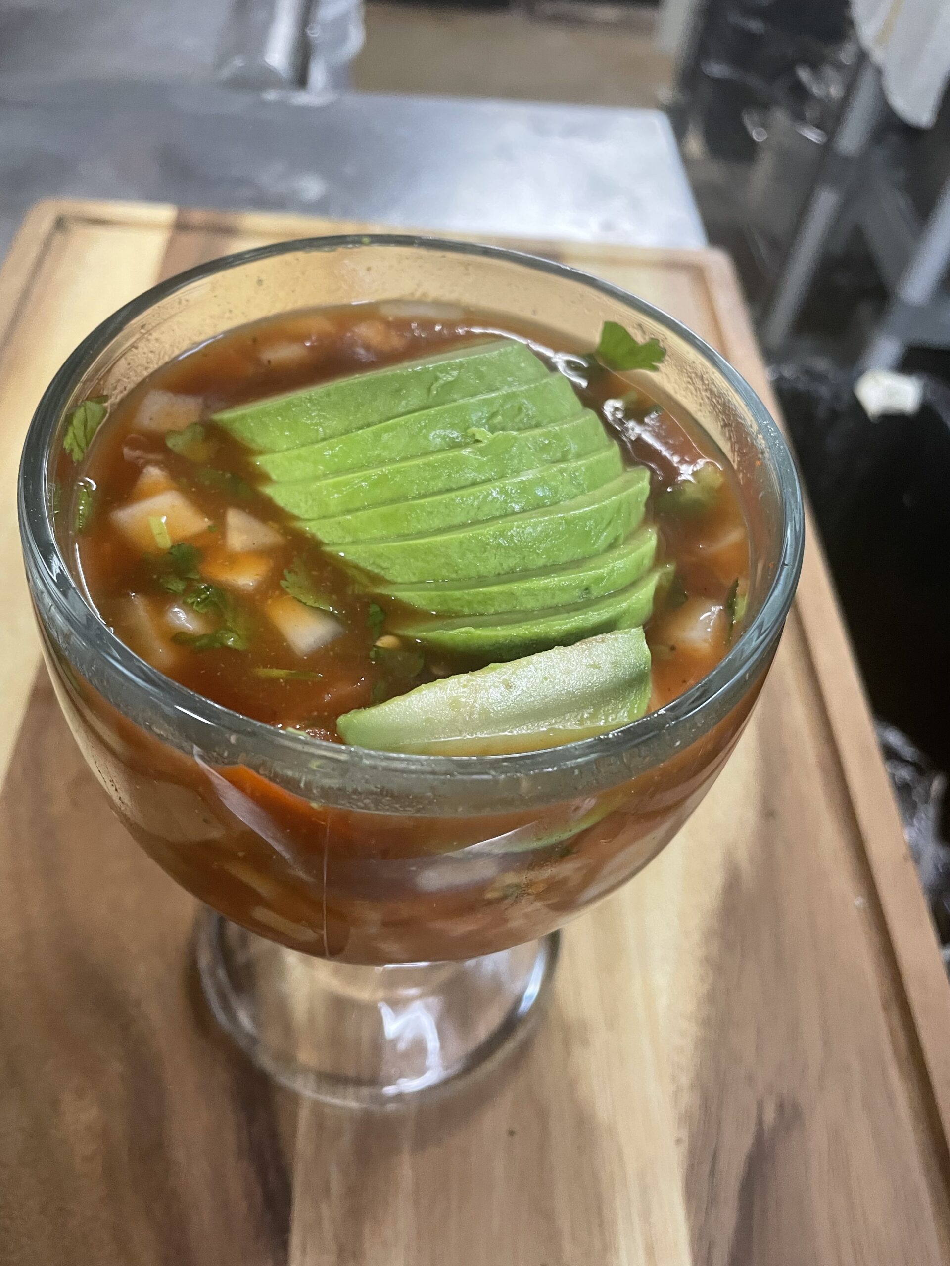 Mexican shrimp cocktail topped with avocado at Anita's Tex-Me